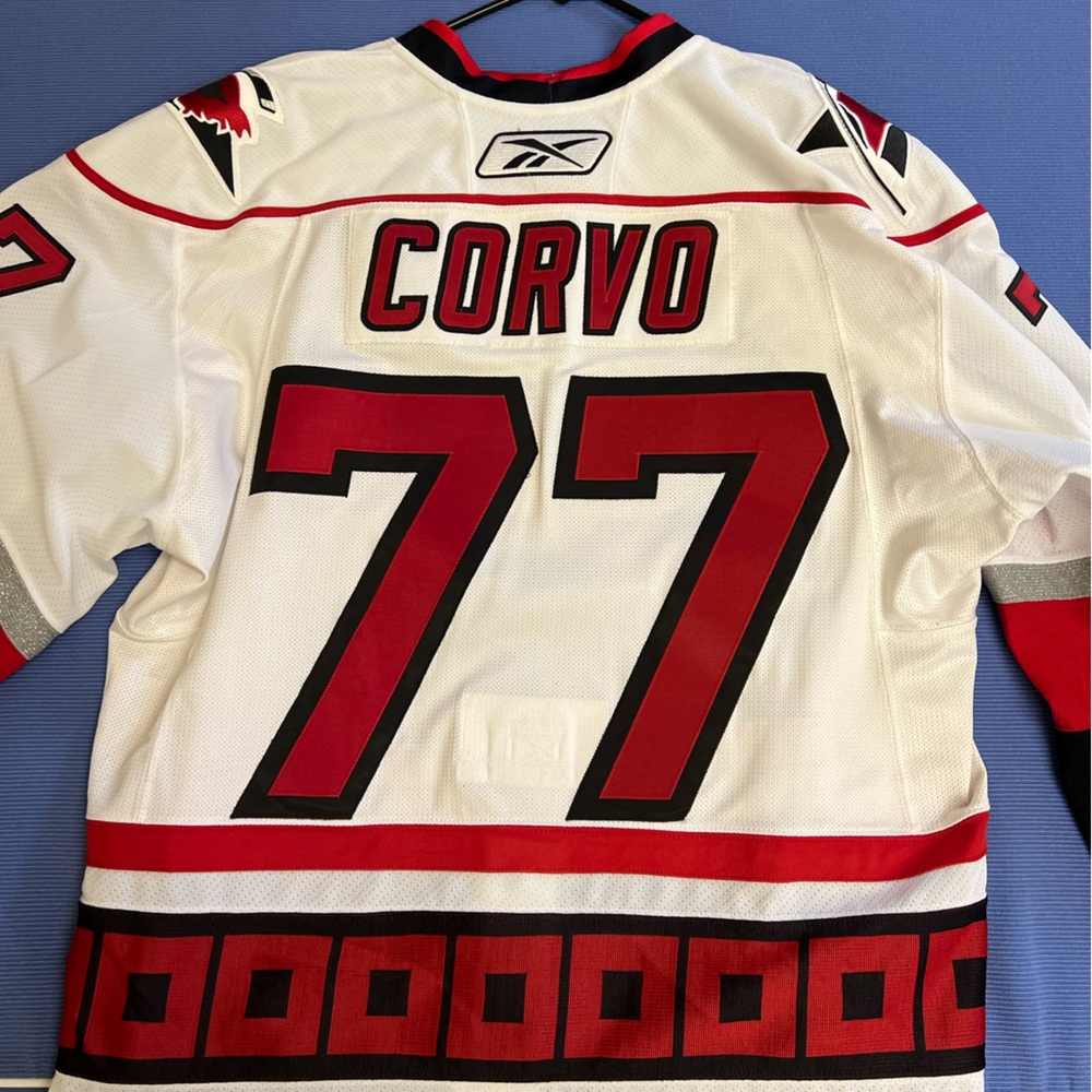 Game worn Joe Corvo away sweater.